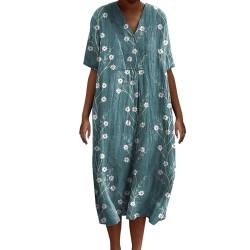 Ydsxlp Sommerkleid Damen Oversize Leinen Kleider Sommer Vintage Blumen Print Strandkleid Casual Locker Blusenkleid Damen V-Ausschnitt Kurzarm Freizeitkleider A-Linie Kleid Maxikleid(C Blau,XXL) von Ydsxlp