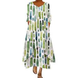 Ydsxlp Sommerkleid Damen Retro Blumendruck Maxikleider Damen Sommer V-Ausschnitt 3/4 Ärmel Freizeitkleider Große Größen Langes Festkleid Casual Lose Strandkleid(A Klar,L) von Ydsxlp