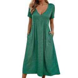 Ydsxlp Sommerkleid Damen Sommer Elegant Einfarbig Freizeitkleid A-Linie Kleid Maxikleid Große Größen V-Ausschnitt Kurzarm T-Shirt Kleider Leicht und Luftig Lang Strandkleid mit Taschen(A Grün,XXL) von Ydsxlp