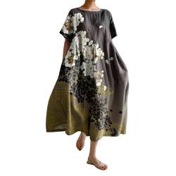 Ydsxlp Sommerkleid Damen Vintage Blumen Print 3/4 Ärmel Strandkleider Sommer Rundhals Lange Blusenkleid Tunika Kleider Große Größen Casual Sommerkleider Maxikleid Lose Freizeitkleider(N Violett,5XL) von Ydsxlp