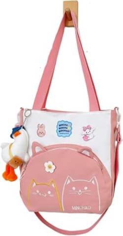 Kawaii Umhängetasche mit gefülltem Anhänger und Pins – japanische Harajuku-Mode, ästhetischer Cartoon-Katzen-Druck, Crossbody-Tasche für Damen, Teenager, Schule, Kuriertasche, Streetwear, rose von YeGang