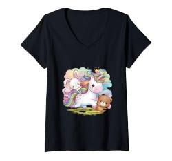 Damen Kawaii Einhorn mit Hase und Teddybär T-Shirt mit V-Ausschnitt von !!!Yeah Einhorn Designz