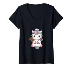 Damen Süßes Kawaii Einhorn mit Schokolade T-Shirt mit V-Ausschnitt von !!!Yeah Einhorn Designz