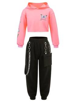 Yeahdor Kinder Mädchen Sport Bekleidung Set Kapuzenpullover Mit Joggingshose Hip Hop Bekleidung Set Jazz Training Tanz Bekleidungsset Da Rosa 134-140 von Yeahdor