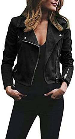 Yeehliny Lederjacke Damen Wildleder Motorrad Jacke Schlank Reißverschluss Revers Kurz Mantel Damenjacke Trenchcoat Übergangs Jacke Outdoor Jacke Bikerjacke Motorrad Jacke von Yeehliny