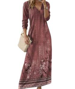 Yeenily Damen Maxikleid V Ausschnitt Freizeitkleider Lange Ärmel Boho Kleid Leicht und Luftig Tunika Kleider Elegant Herbst Blusenkleid (Rot, XL) von Yeenily