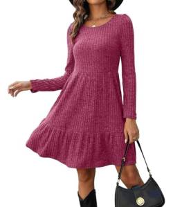 Yeenily Damen Pullover Kleider Rundhals Strickkleid Langarm Herbst Freizeitkleid Elegant Sweater Minikleid Winter Tunika Kleid (Rosenrot, S) von Yeenily