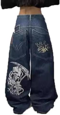 Herren Damen Y2K Street Hip Hop Jeans mit Totenkopf Print Jeans mit großer Tasche Gothic Print Jeans neutral Jeans mit hoher Taille Jeans mit hoher Taille (Blau,XL) von Yeooa