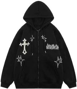 Y2K Hoodie Herren Star Muster Hoodie Kreuz Bestickt Hoodie Hip Hop Paar Lose Vintage Sweatshirt (Schwarz,M) von Yeooa