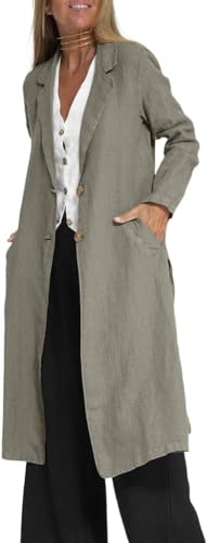 Yeooa Damen Baumwoll-Leinen jacke Mode elegantes Temperament Freizeit lose Baumwolle Leinen lange Trenchcoat Revers Sommer dünne Abschnitt einfarbige Baumwoll-Leinen jacke mit Taschen (Grau-Grün,XXL) von Yeooa