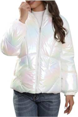 Yeooa Damen Winter Steppjacke Langarm Stehkragen Flauschige Jacke Eleganter Parker Mantel Bunt Glänzend Leichtgewichtige Kapuze Warme Kurze Jacke mit Taschen (Weiß,XL) von Yeooa