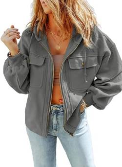 Yeooa Damen jacke Damen Leichte Jacke Herbst Damen Shirt Lässiger Reiß verschluss mit Kapuzen mantel (Grau,S) von Yeooa