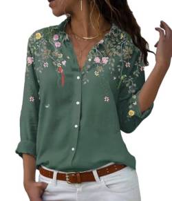 Yesgirl Damen Bluse Langarm Oberteile Casual Tunika Hemd Langarmshirt Lose Blumen Tops Button-down Hemd V-Ausschnitt Shirts Hemdbluse Für Frauen Grün L von Yesgirl