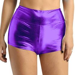 YiZYiF Damen Metallic Shorts Hot Pants Sport Laufen Yoga Fitness Tanz Shorts Kurze Hose Hoch Taille Disco Party Rave Gogo Outfit A Violett M von YiZYiF