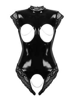 YiZYiF Damen Wetlook Ouvert-Body Lack Leder Bodysuit Busenfrei Catsuit Trikot Jumpsuit Stringbody Glänzend Overall Erotik Dessous Unterwäsche Schwarz_C 5XL von YiZYiF