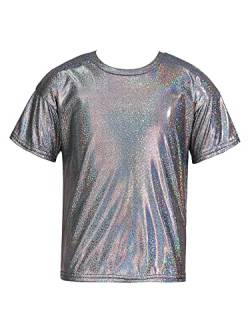 YiZYiF Kinder Metallic T-Shirt Mädchen Jungen Glänzend Shirt Top Hip Hop Jazz Festival Performance Party Tanzkleidung Oberteil Schwarz 146-152/11-12 Jahre von YiZYiF