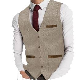 Yiaisafa Herren Tweed Anzug Weste Jagd Herringbone Weste Vintage Retro Wollen Hochzeit Bräutigam Gilet S-3XL(Champagner,S) von Yiaisafa