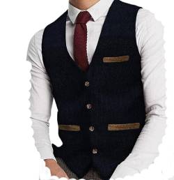 Yiaisafa Herren Tweed Anzug Weste Jagd Herringbone Weste Vintage Retro Wollen Hochzeit Bräutigam Gilet S-3XL(Marine,S) von Yiaisafa