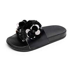 Yikoly Hasschuhe Damen Sommer Pailletten Bling Blumen Pantoletten, Slipper Sommer mode Rutschfest Strand Flache Flip Flop Beuqem Frauen Badelatschen 36-41 EU (Schwarz, numeric_36) von Yikoly