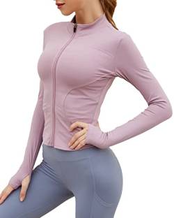 Yimutian Sportshirt Damen Langarm Laufshirt Sweatshirt Laufjacke Schnelltrocknend Yoga Sport Oberteil mit Reißverschluss und Daumenloch Hell-Rosa XS von Yimutian