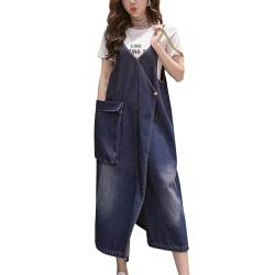 Yishengwan Damen Lang Jeans Latzkleid Lose Latzrock Trägerrock Knielang Jeansrock Denim Overall Kleid mit Taschen Dunkelblau 4XL von Yishengwan