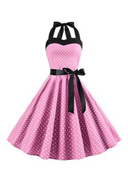 Yming 1950er Jahre Elegantes Off Shoulder Kleid Fliege Träger Polka Dot Cocktailkleid Wave Hem High Waist Abendkleid Rosa XS von Yming