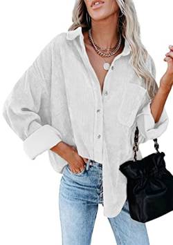 Yming Damen Cord Hemden Casual Button Down Strickjacken mit Taschen Revers Strickjacken Weiß M von Yming