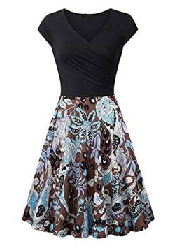Yming Damen Elegant Flügelärmel Kleid Sexy Sommerkleid V-Ausschnitt Kleid Blumen/Schwarz Braun XL von Yming