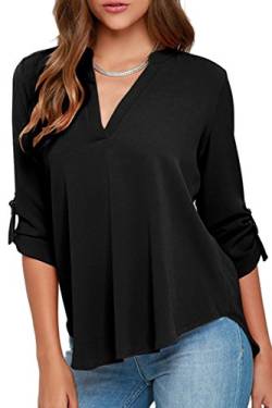 Yming Damen Halber Ärmel Shirt Chiffon Blusen V-Ausschinit Oberteil Sommer Tops Schwarz XXL von Yming