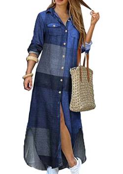 Yming Damen Hemden Kleid Langarm Button Down Tunika Kleider Herbst Maxi Langes Kleid Blau S von Yming