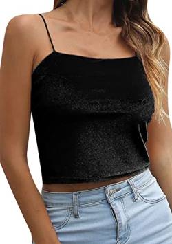 Yming Damen Lässige einfarbige Oberteile Spaghetti Träger Tank aus Samt Ärmellose Crop Cami Top Schwarz M von Yming