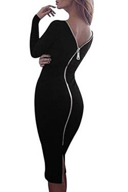 Yming Damen Langarm Sexy Kleid Knielang Rückenfreies Partykleid Reißverschluss Kleid Schwarz M/DE 38-40 von Yming