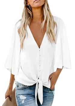 Yming Damen Sommer Gedruckt Shirt Boho Lose Fledermaus Shirt 3/4 Länge Ärmel Front Tie Shirt Weiß XL von Yming