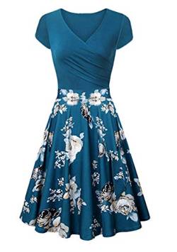 Yming Damen V-Ausschnitt Kleid Blumen Flügelärmel Kleid Slim Fit Swing Kleid Blumen/Blau L von Yming