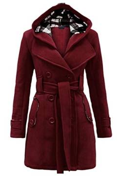 Yming Damen Warm Winterjacke Zweireiher Künstliche Wolle Mantel Oberbekleidung mit Kapuze Mantel Weinrot M von Yming