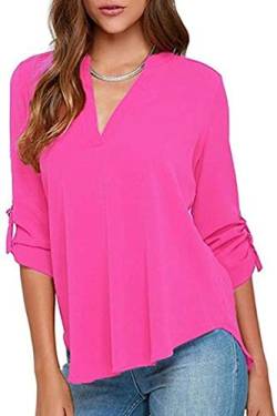 Yming Frauen Elegante Chiffon Blusen Halber Ärmel Oberteil V-Ausschinitt Tops Casual Fuchsia S von Yming