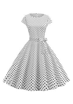 Yming Frauen Rundhalsausschnitt Polka Dot Kleid Kurzarm Cocktailkleid Swing Vintage Midi Kleid Weiß L von Yming