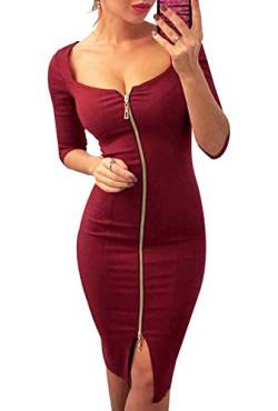 Yming Frauen Tief Quadratischer Kragen Kleid Figurbetontes Kleid Reißverschluss Vorne Kleid Rot XXL/DE 44-46 von Yming