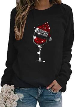 Yming Frauen Weihnachten Sweatshirt Weinglas Pullover Langarm Rundhalsausschnitt Sweatshirt Schwarz XXL von Yming