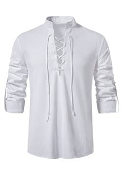 Yming Herren Vintage Scottish Jacobite Ghillie Kilt Hemd Roll Up Ärmel Mittelalter Renaissance Hemd Kordelzug Piratenhemd Weiß XL von Yming
