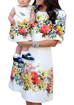 Yming Mama und Baby Casual Rundhals Kleid Ärmellose Kleider Blumen Knielang Kleid Blumen Weiß M von Yming