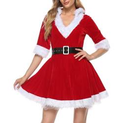 Damen Mrs Santa Claus Kostüm Make-up Weihnachten Kleid V-Ausschnitt Samt Weihnachten Kapuze Cosplay Kleid, rot (a), 38 von Yoisdtxc