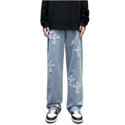 Yokbeer Cargo Hose Y2K Jeans Baggy Kreuze Stickerei Hip Hop Gewaschen Jeanshose Harajuku Denim Loose Hose mit Weitem Bein Jogginghose Freizeithose Streetwear (Color : Blue, Size : L) von Yokbeer