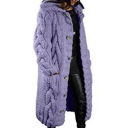 Yokbeer Damen Strickjacke Lang Strick Cardigan Zopfmuster Strickmantel Langarm mit Taschen Open Front Gestrickte Jacke mit Knöpfen S-5XL (Color : Purple, Size : S) von Yokbeer