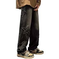 Yokbeer Herren Hip Hop Y2k Jeans Lose Gerade Bein Denim Hosen Vintage Weites Bein Hosen Streetwear Grunge Jeans Kleidung Y2k Hosen Männer (Color : Black, Size : M) von Yokbeer
