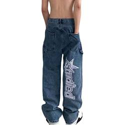 Yokbeer Jeans Herren Baggy Fit Jeans Straight Jeanshose Fashion Print Streetwear Loose Denim Pants Hose mit Weitem Bein Lässig Männer Straight Leg (Color : Blue, Size : M) von Yokbeer