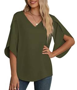 Yommay Damen Bluse Elegant V Ausschnitt Sommer T-Shirts Casual Leicht Chiffon Tunika Kurzarm Tops,Armeegrün,M von Yommay