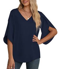 Yommay Damen Bluse Elegant V Ausschnitt Sommer T-Shirts Casual Leicht Chiffon Tunika Kurzarm Tops,Marineblau,3XL von Yommay