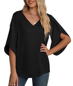 Yommay Damen Bluse Elegant V Ausschnitt Sommer T-Shirts Casual Leicht Chiffon Tunika Kurzarm Tops,Schwarz,S von Yommay