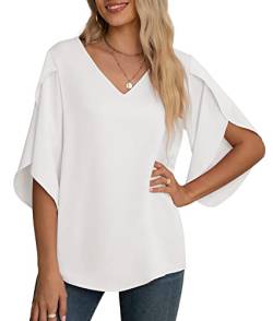 Yommay Damen Bluse Elegant V Ausschnitt Sommer T-Shirts Casual Leicht Chiffon Tunika Kurzarm Tops,Weiß,3XL von Yommay